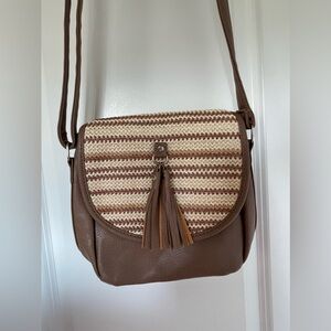 Brown and cream boho crossbody bag with tassel detail